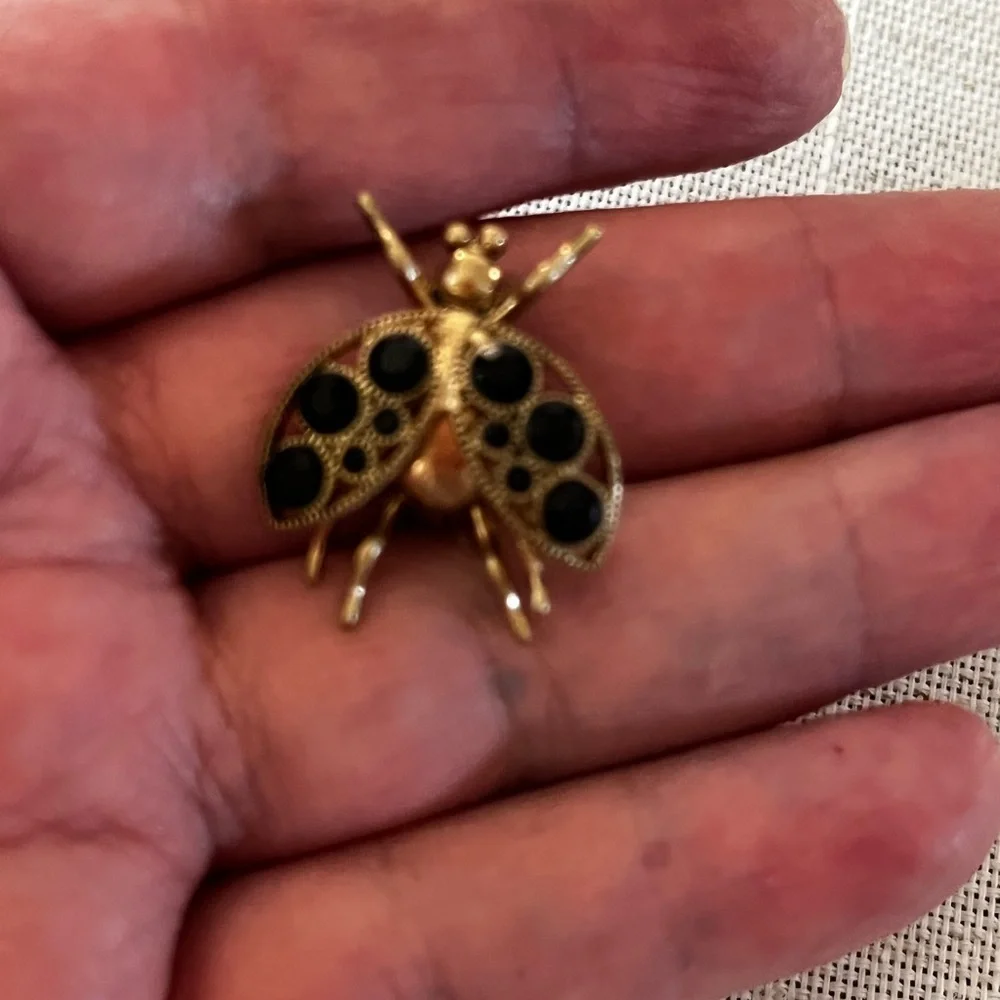 VTG J Crew Gold Tone Fly or Flying Beetle ,ladybug With Black Stones Brooch, Pin